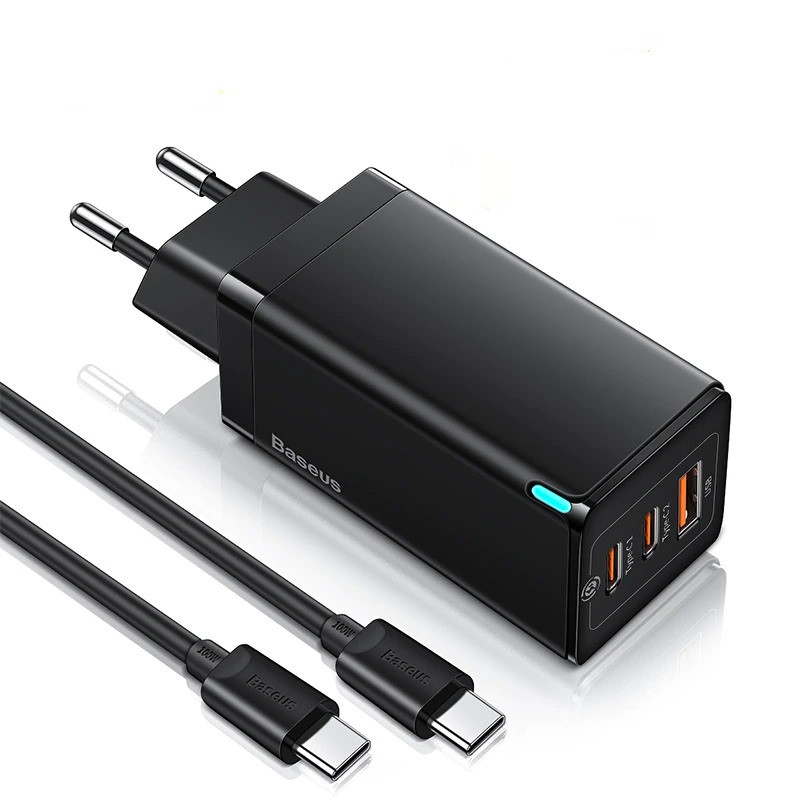 Мережевий зарядний пристрій Baseus 65 W GaN 2 Pro Quick Charge (2 Type-C + 1 USB) + кабель Type-C 100 W (чорний)