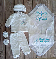 Повний іменний комплект для хрещення хлопчика одяг + крижма 90х90 см