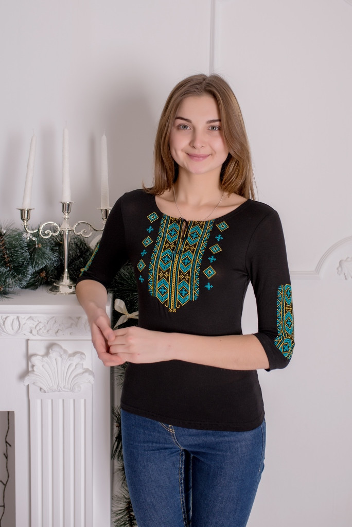 Жіноча вишиванка Гуцульська бірюзова, фото 1