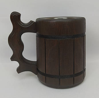 Дерев'яний пивний кухоль ручної роботи з металевою вставкою | 0.5 л | Натуральне карпатське дерево | Подарунок для цінителів пива