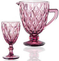 Набір для напоїв Elodia "Грані" 6 келихів 320мл і глечик 1.1л, рожеве скло