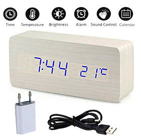 Годинник електронний настільний в дерев'яному корпусі VST-862 білий (синя підсвітка)