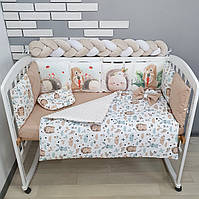 Комплект постільної білизни з ковдрою та бортиками на 4 боки у ліжко 120х60см- Їжачки та зайки з косичкою