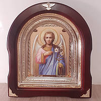 Икона Святой Архангел Гавриил, лик 15х18 см, в темном деревянном киоте, арка