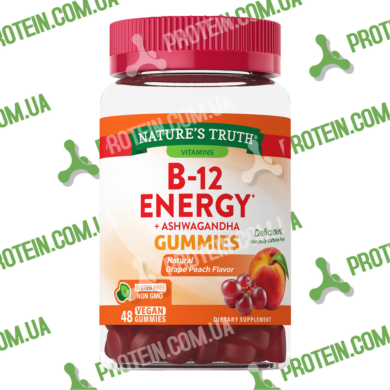 Вітамін Б-12 Nature's Truth B-12 Energy Gummies + Ashwagandha 48 жувальних Конфетів Grape Peah Виноград Персик