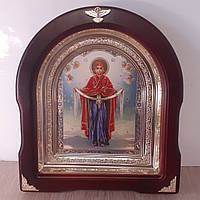 Икона Покров Пресвятой Богородицы, лик 15х18 см, в темном деревянном киоте, арка