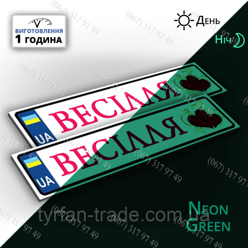 Неонові номери на автомобіль весільні — світяться в темряві вночі-фосфорний метал розмір 520х110 мм, фото 1