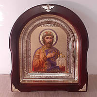 Икона Святой Благоверный Князь Ярослав Мудрый, лик 15х18 см, в темном деревянном киоте, арка