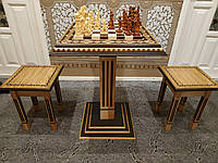 Шахматный стол "Bright Victory", два табурета и шахматы "Battle of Thrones & Knights". Резьба по дереву