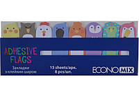 Закладки с клейким слоем 15х48 мм Economix Fun Birds, 120 шт., бумажные, 8 цветов ассорти