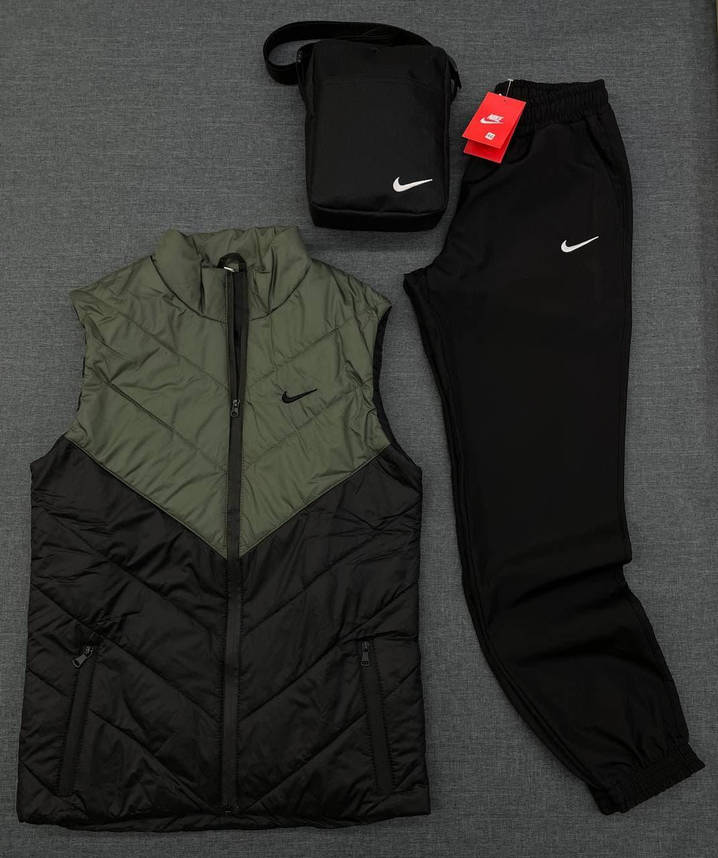 Жилетка чоловіча + штани + барсетка костюм осінній весняний 'Clip' Nike хакі-чорна безрукавка найк, фото 2