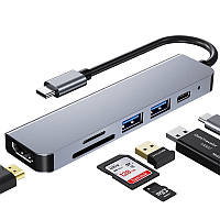 USB Type-C 3,1 Gen2 хаб hub 6 в 1 4K HDMI, 2 USB 3.0 кардридер SD/TF, швидке заряджання PD, для MacBook Pro