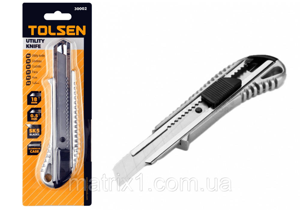 Ніж сегментний 18 мм алюмінієвий сталь SK5 TOLSEN 30002, фото 1