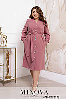 Хорошенькое платье-миди пудрового цвета с длинным рукавом и поясом, больших размеров от 48 до 56