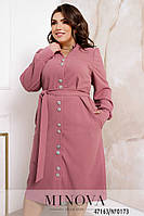 Хорошенькое платье-миди пудрового цвета с длинным рукавом и поясом, больших размеров от 48 до 56 50