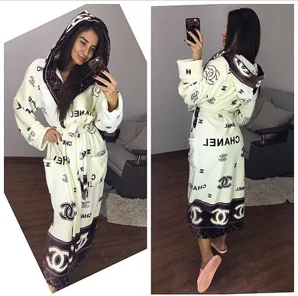 Халат домашній теплий із довгим рукавом CHANEL молочний, фото 2