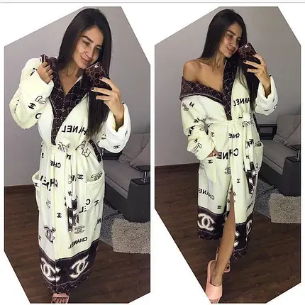 Халат домашній теплий із довгим рукавом CHANEL молочний, фото 1