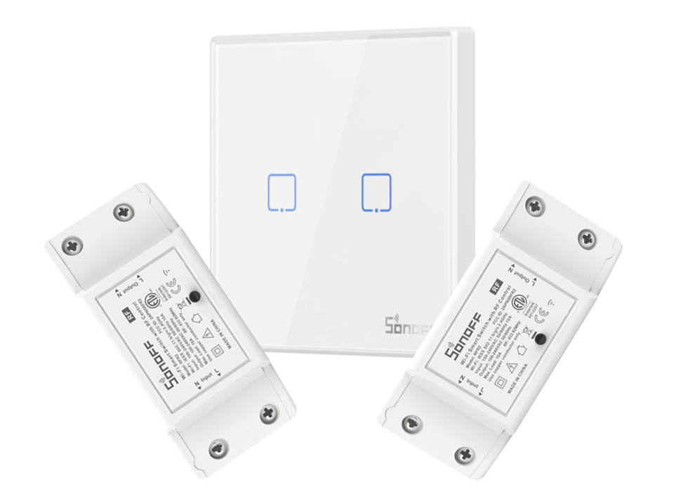 Настінний дистанційний вимикач SONOFF T2EU в комплекті з 2 WIFI реле, Білий колір, Два канали керування