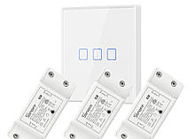 Настінний дистанційний вимикач SONOFF T2EU в комплекті з 3 WIFI реле, Білий колір, Три канали керування