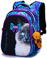 Ортопедический школьный рюкзак для девочки синий с Котиком Winner /SkyName 37х30х16 см для младших классов