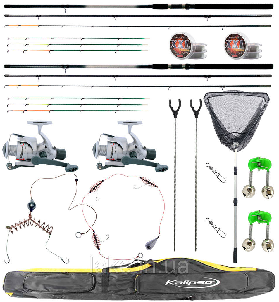 Рибальський набір готовий з фідерними вудилищами 3.6м. оснащенням і котушками з волосінню в чохлі