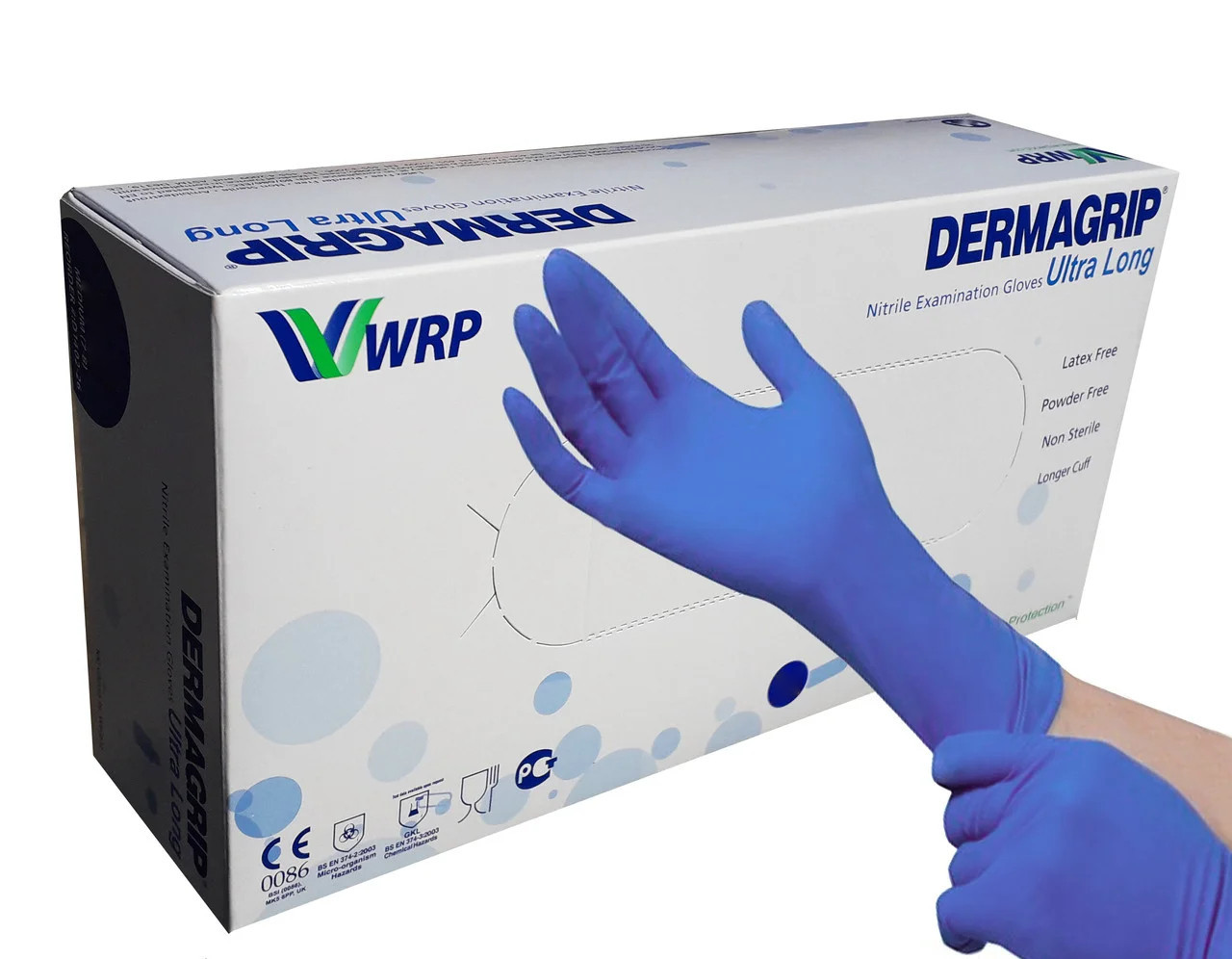 Рукавички нітрілові подовжені WRP Dermagrip Ultra Long блакитні без пудри розмір L