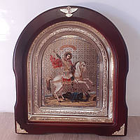 Икона Святому Великомученику и победоносцу Георгию, лик 15х18 см, в темном деревянном киоте, арка