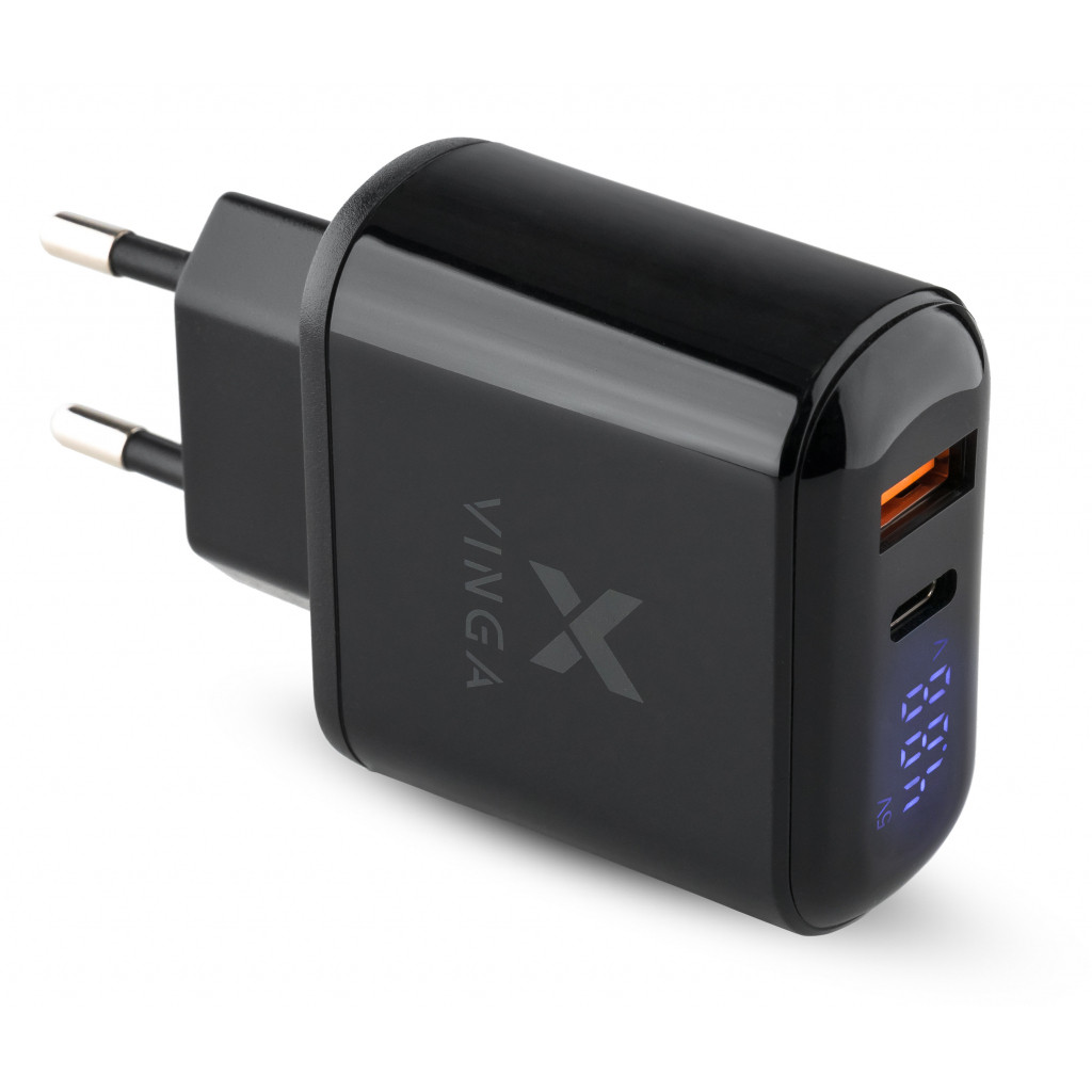 Зарядное устройство Vinga 2 Port QC3.0+PD Display Wall Charger (VWCQPACDBK) - фото 1 - id-p1573788990