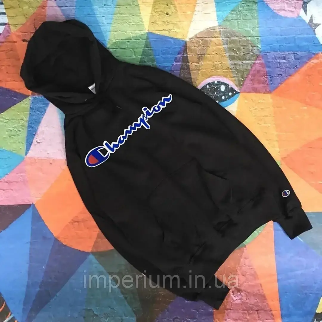 Кежуал худі з принтом champion | чорна толстовка чемпіон, фото 1