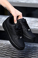 Женские кроссовки Nike Air Force Black чёрные найк аир форс демисезонные повседневные кожа