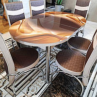 Обідній овальний скляний розсувний комплект Туреччина 6 стільців ,коричневий з бежевим