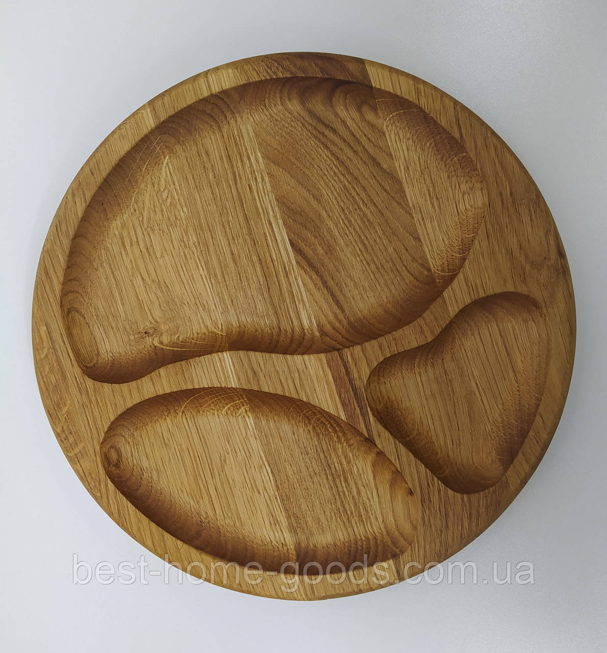 Кругла дубова дошка-менажниця для подачі на 3 секції Ø29.5 см – стильна дерев'яна тарілка ручної роботи, фото 1