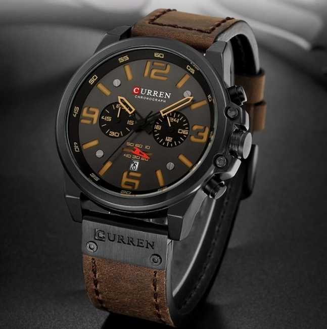 Чоловічий класичний кварцевий шкіряний наручний годинник, чоловічий наручний годинник незвичайні стильні коричневі, фото 1