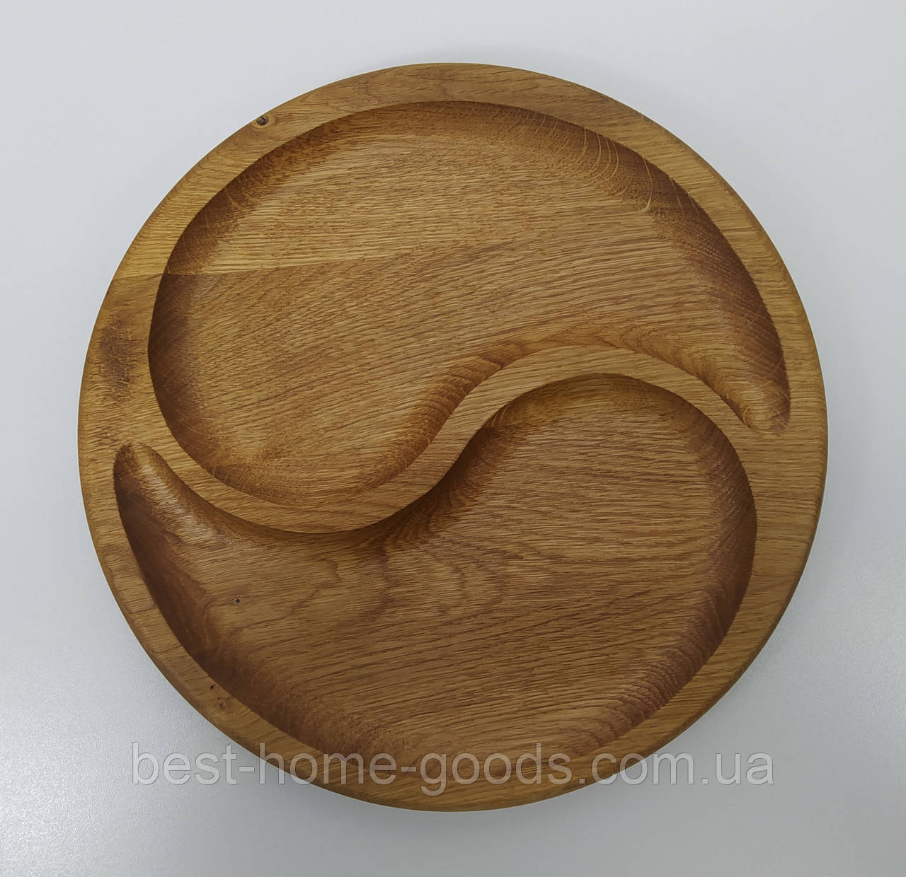 Дубова менажниця тарілка для подачі з дерева на 2 секції кругла d29.5 см — стильна дошка для м’яса, фруктів, закусок, фото 1