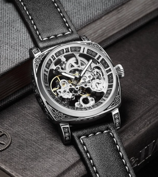 Якісні чоловічі годинник зі шкіряним ремінцем, Модні чоловічі годинники з автопідзаводом, фото 1