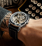 Якісні чоловічі годинник зі шкіряним ремінцем, Модні чоловічі годинники з автопідзаводом, фото 4