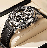Якісні чоловічі годинник зі шкіряним ремінцем, Модні чоловічі годинники з автопідзаводом, фото 8