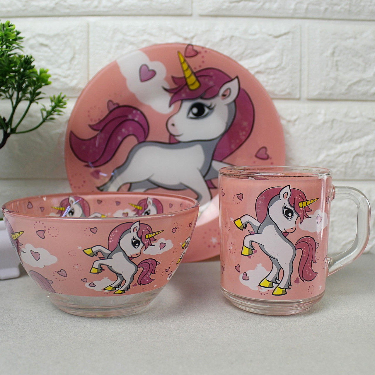 Набір дитячого посуду для дівчаток 3 предмета з мульт-героями Рожевий Єдиноріг, різнокольоровий