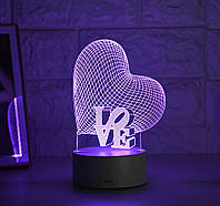 LED ночник с эффектом 3D в форме сердца (на батарейках и USB, белая подставка)
