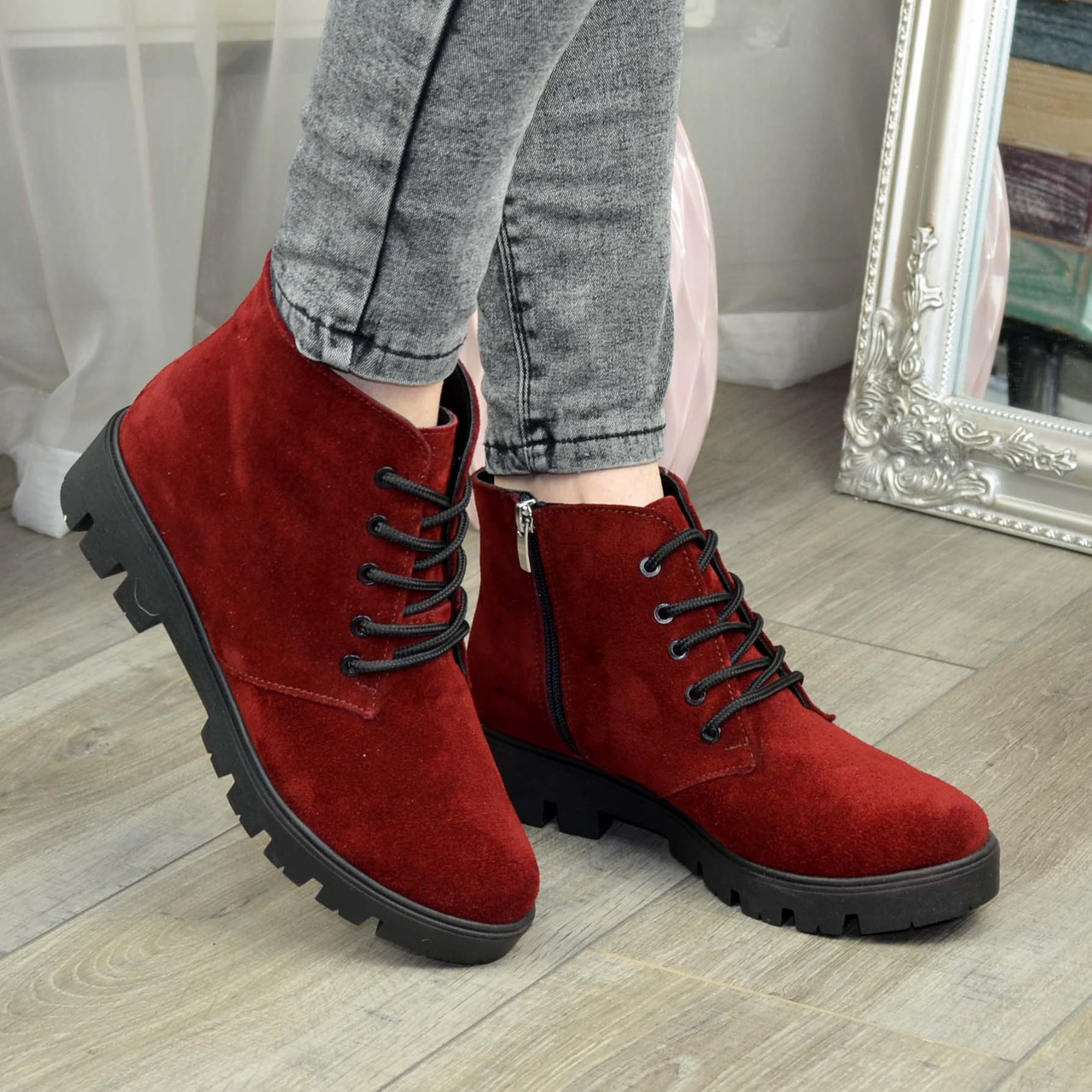 Черевики жіночі бордові замшеві на шнурівці, потовщена підошва, фото 1