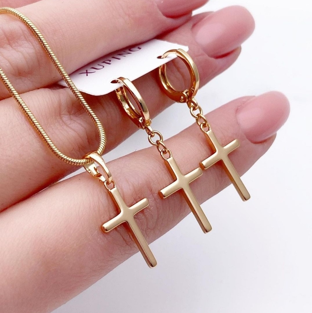 Комплект сережки і хрестик з ланцюжком 1м 45см Xuping медичне золото 7777