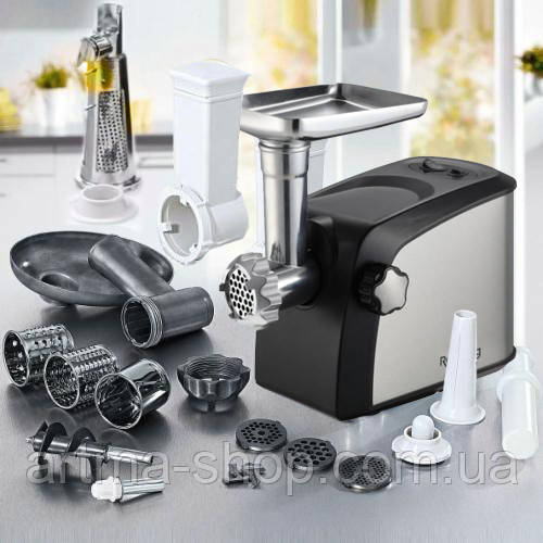 Потужна електром'ясорубка Rainberg 3000 Ватт 7 в 1 Шинківка 3 насадки, Соковитискач Сталевий корпус
