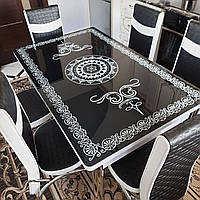 Обеденный комплект, раскладной кухонный стол 130-170 см и 6 стульев, черный версаче узор, ножки хром Турция