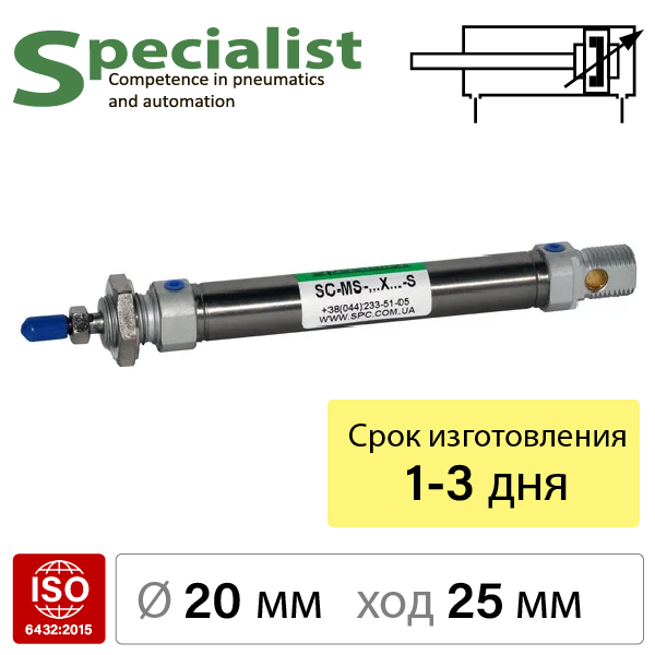 SC-MS-20X25-S-С Пневмоцилиндр стандарта ISO 6432, двустороннего действия, Ø25 мм, ход 25 мм, с магнитом - фото 1 - id-p1451800799