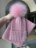 Зимний демисезонный вязаный детский набор шапка на завязках и вязаный снуд хомут для девочки ручной работы.