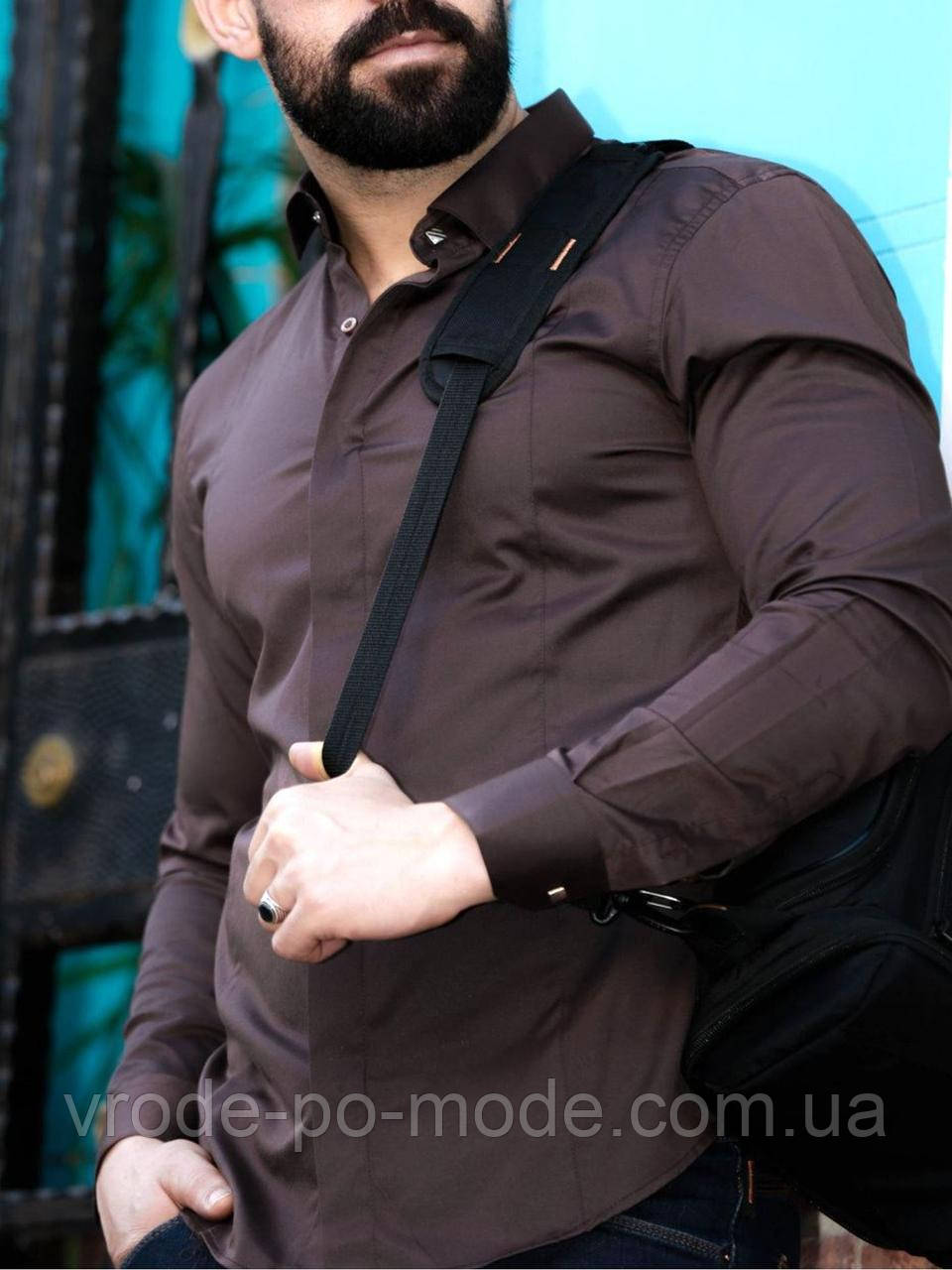 Коричнева однотонна бавовняна чоловіча сорочка приталена, довгий рукав та класичний комір, Туреччина, новинка 2025 року, фото 1