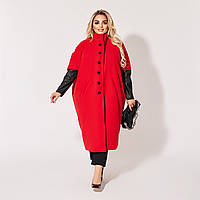 Женское кашемировое пальто с кожаными рукавами 48/52, Красный