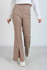 Кльош штани для дівчинки підлітків з розпіркою спереду екошкіра коричневий No7270