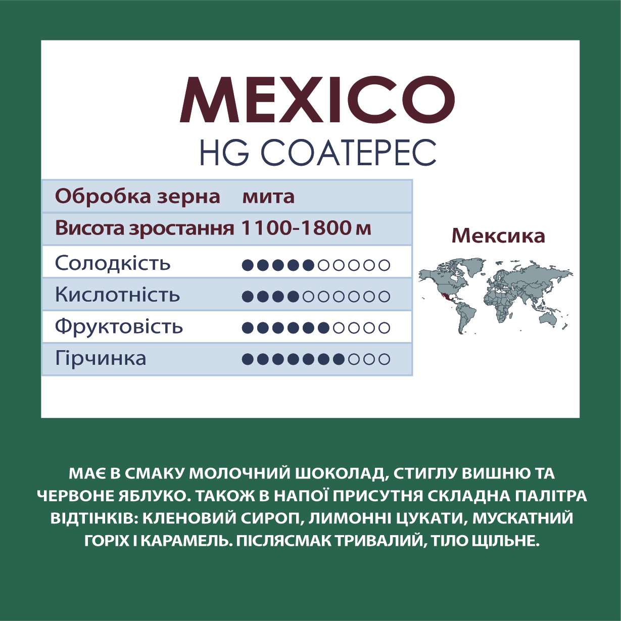 Мексика HG Coatepec молотый кофе, арабика средней обжарки, вес 500г (мускат, вишня, яблоко) - фото 2 - id-p1438746894