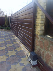 Откатные ворота с калиткой. Зашивка профнастилом, горизонтальная. Автоматика для откатных ворот Gant IZ-1000, Китай. Гарантия 24 мес.